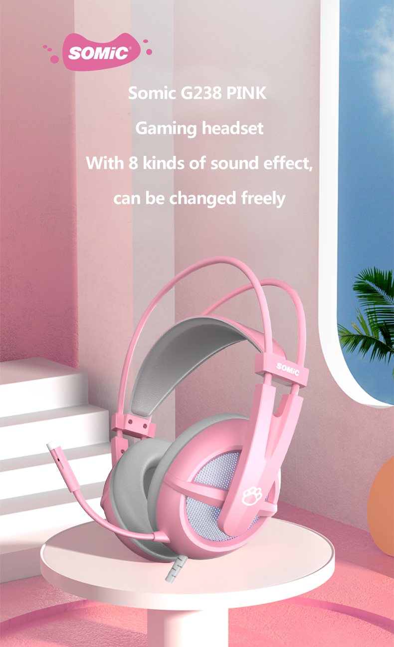 SOMIC G238 Pink wired headphones gaming cat ear headphones for girls
